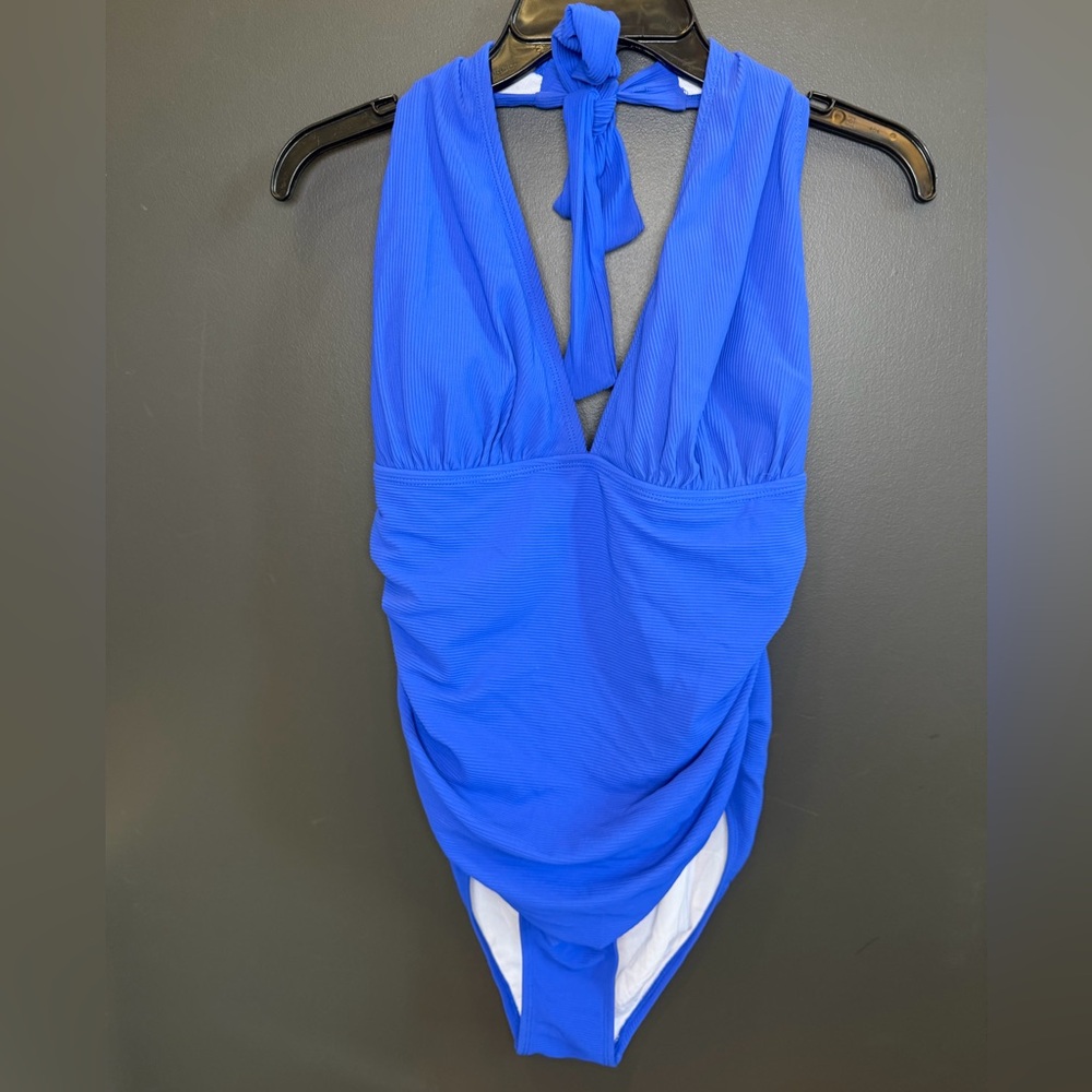 Blue Ribbed Halter One Piece Swimsuit NWT XL Plunge Neck Ruched Tummy Control
